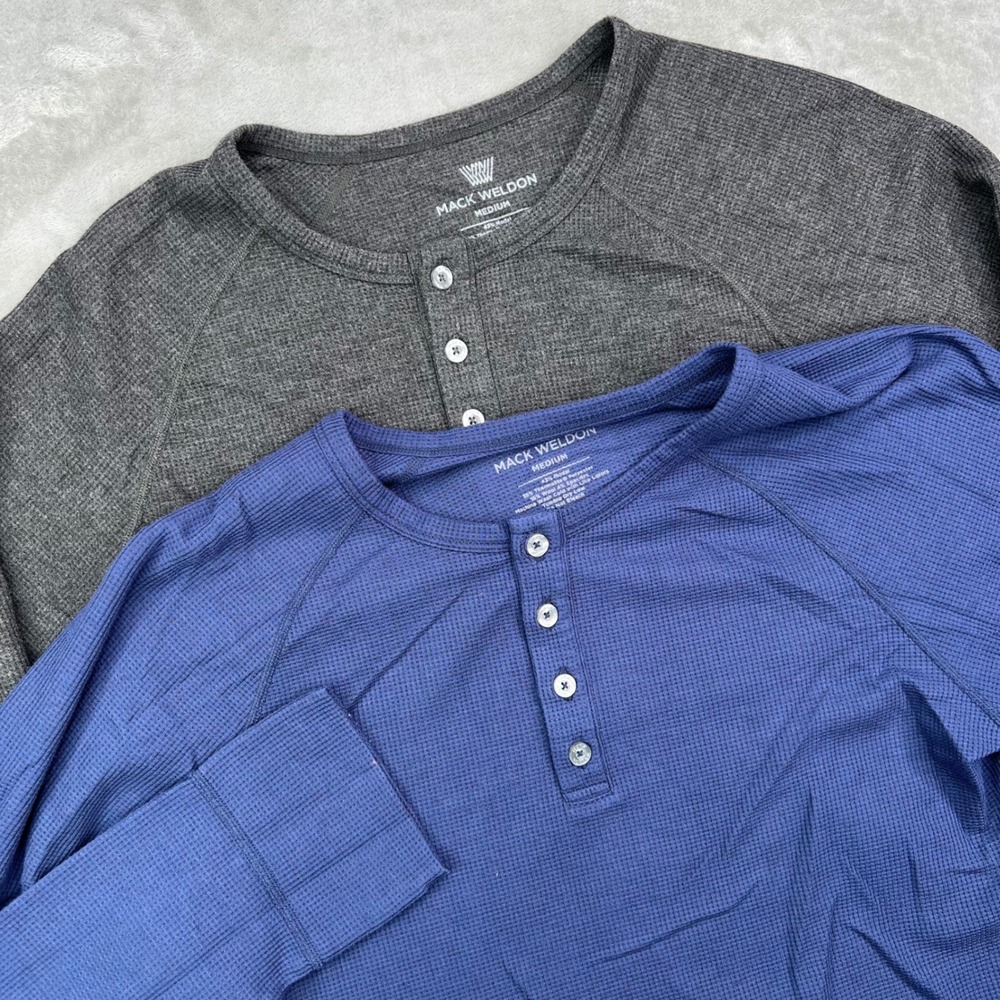 Mack Weldon Waffle Knit Henley Mens Medium Wool Blend Long Sleeve Thermal 2 Pack